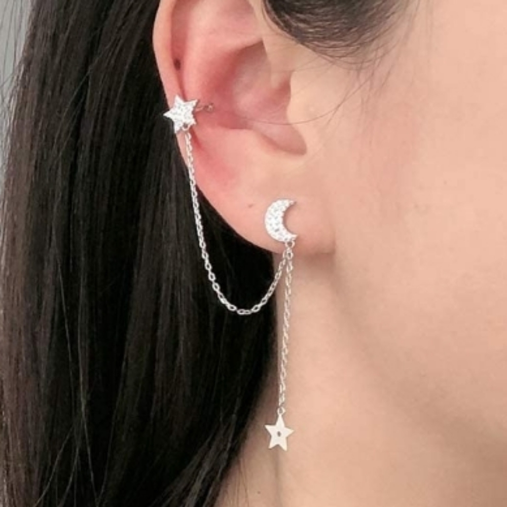 Women's earrings Asymmetric star moon earrings 925